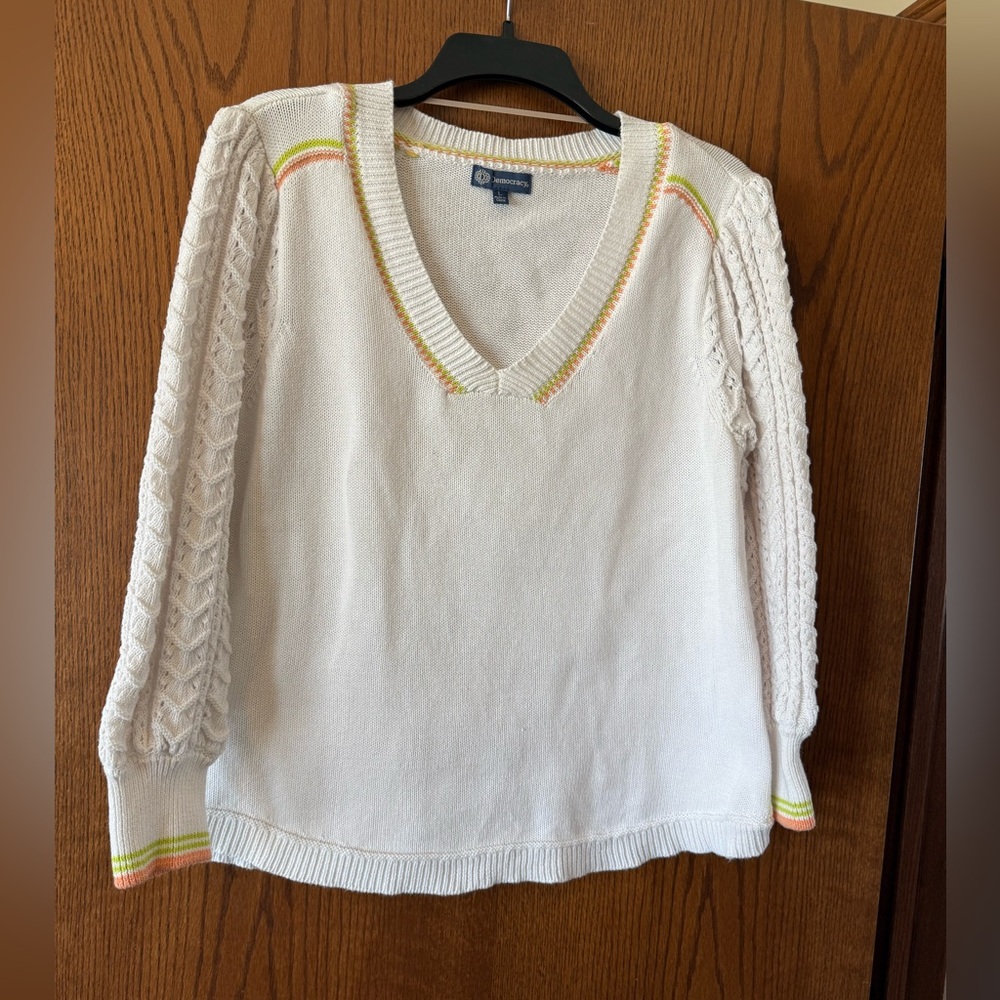 Democracy White Sweater with Colorful Trim